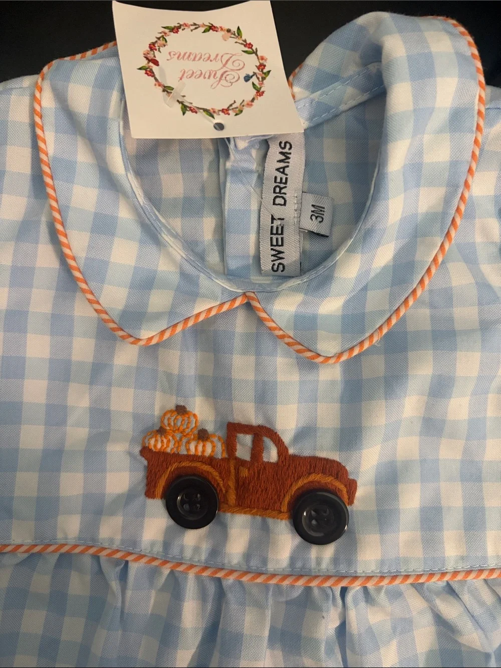 Sweet Dreams Light Blue and White Gingham Baby Bubble with Orange Trim and Truck